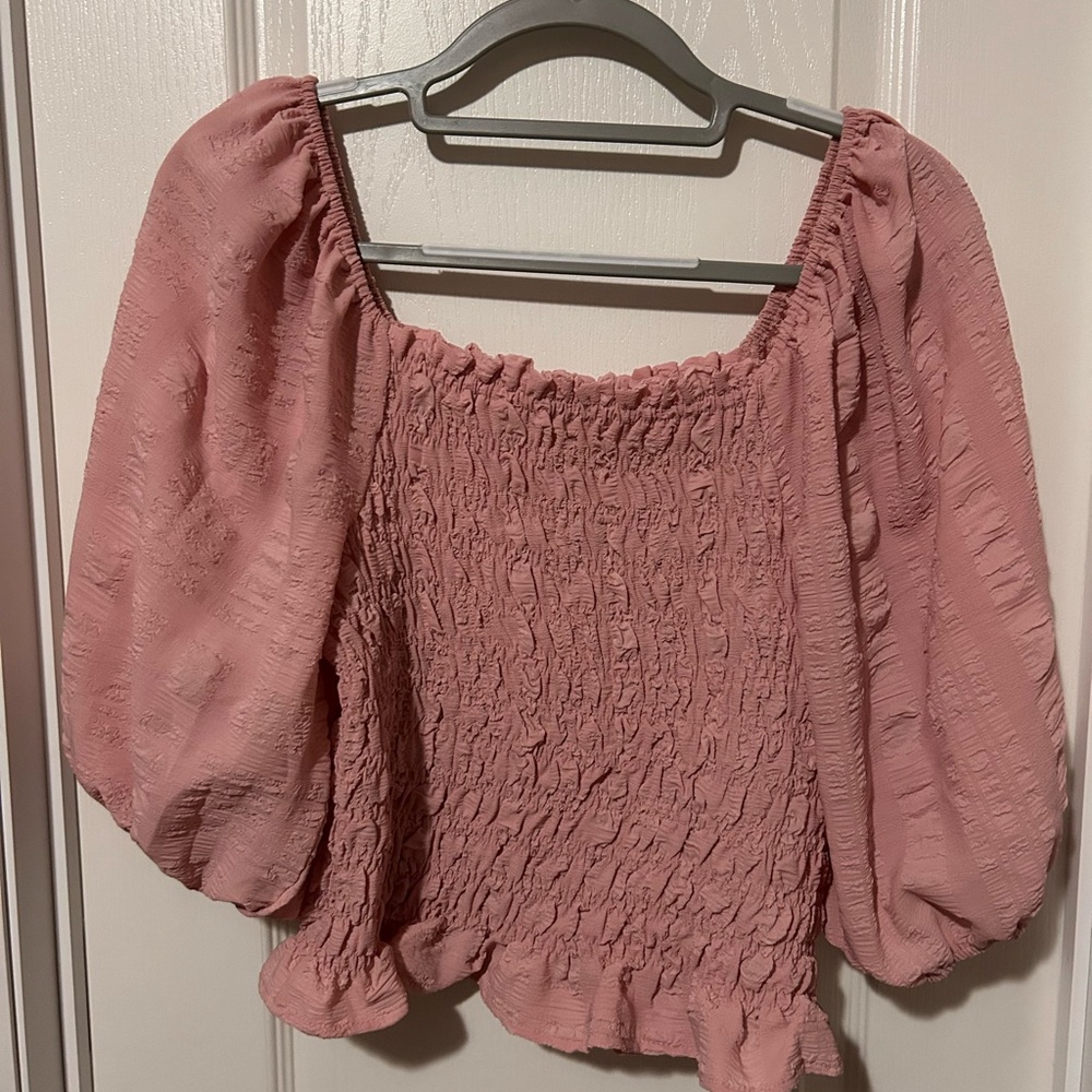 Vine & Love Pink Puff Sleeve Smocked Blouse